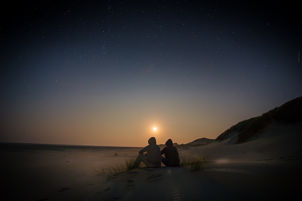 Zwei Menschen sitzen mit dem Rücken zur Kamera auf einer Düne und blicken über den Strand in den Nachthimmel.